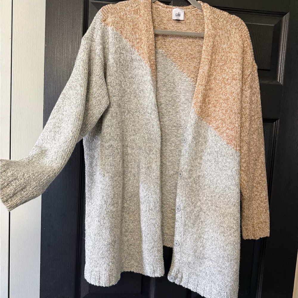 Cabi Two-Tone Open Cardigan Sweater - Heather Gray & Camel